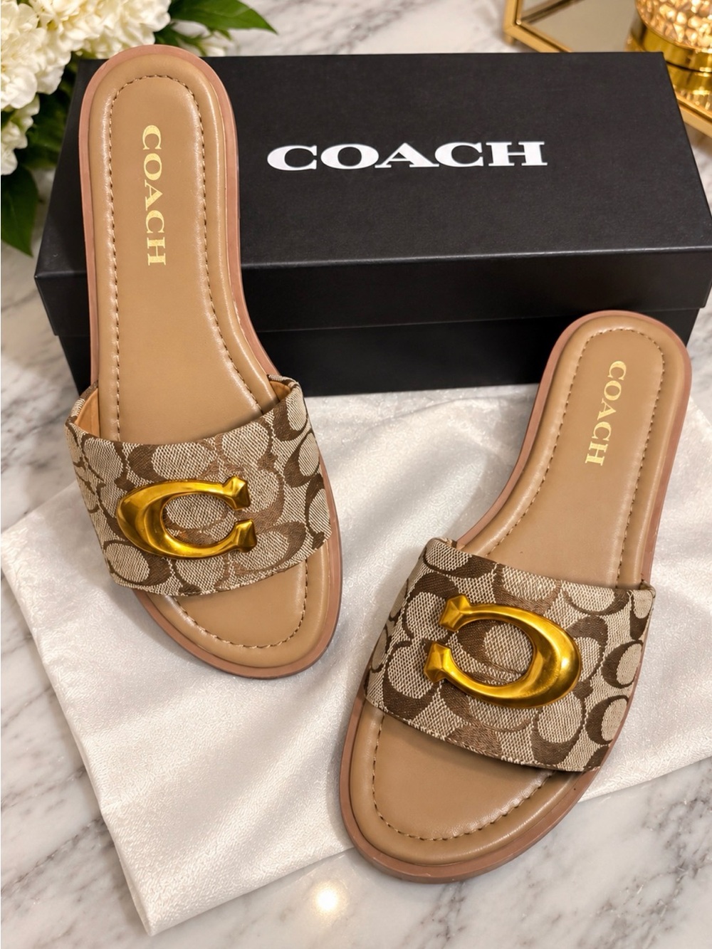 Coach Beige Signature Monogram Slide Sandals with Gold 'C' Accent